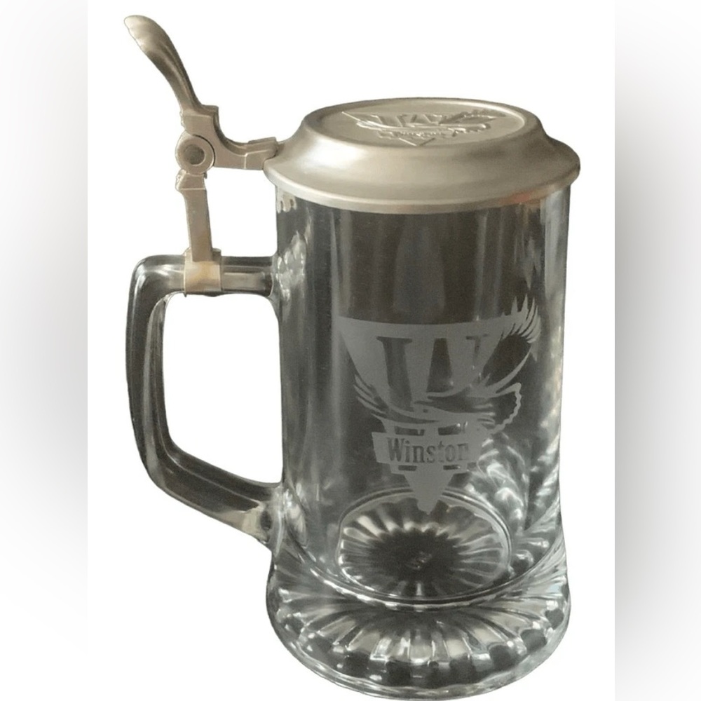 Vintage Winston Cup Glass Beer Stein Tankard Metal Lid Perfect for NASCAR Fans